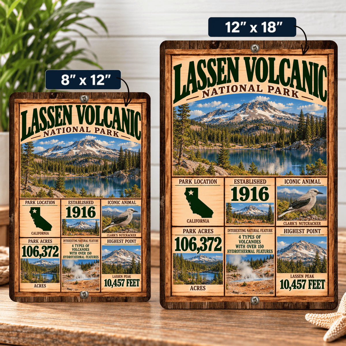 Lassen Volcanic National Park facts sign shown in 8 by 12 and 12 by 18 inch sizes