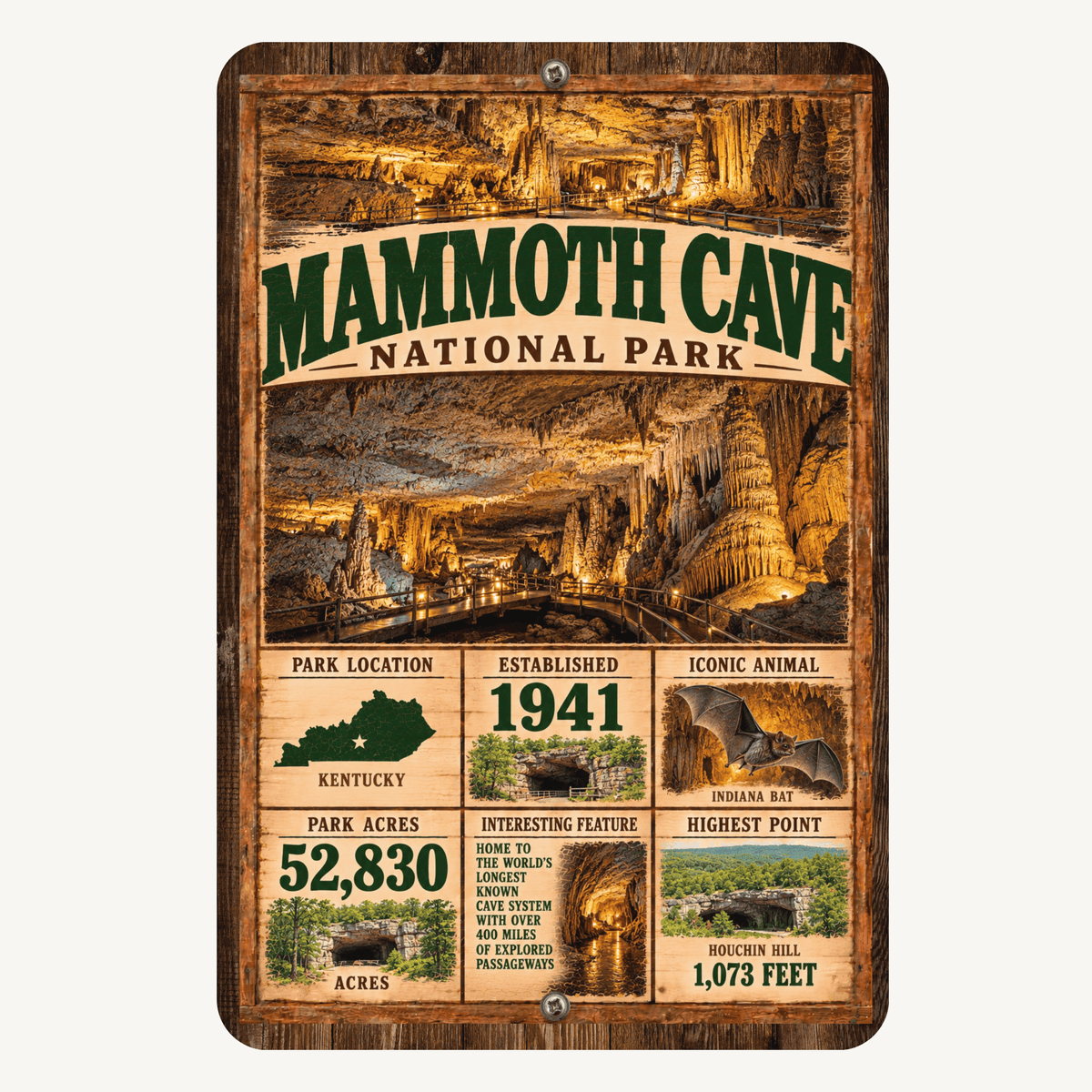 Mammoth Cave National Park facts aluminum sign with vintage Kentucky cave and bat artwork