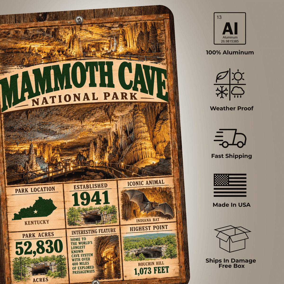 Mammoth Cave National Park sign features including aluminum construction and weather resistance