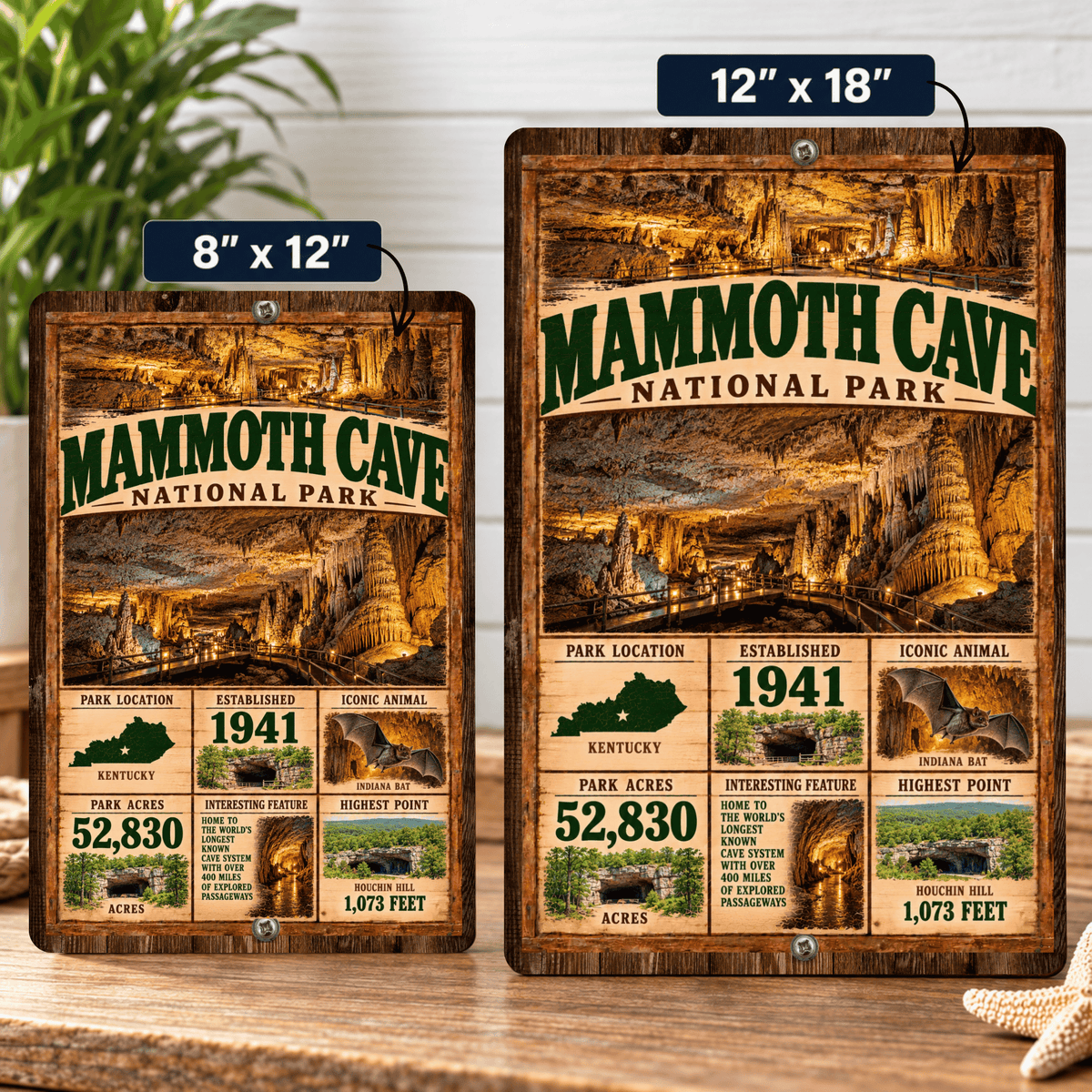 Mammoth Cave National Park facts sign shown in 8 by 12 and 12 by 18 inch sizes