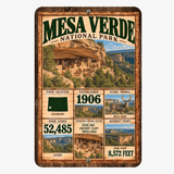 Mesa Verde National Park facts aluminum sign with vintage Colorado cliff dwelling artwork
