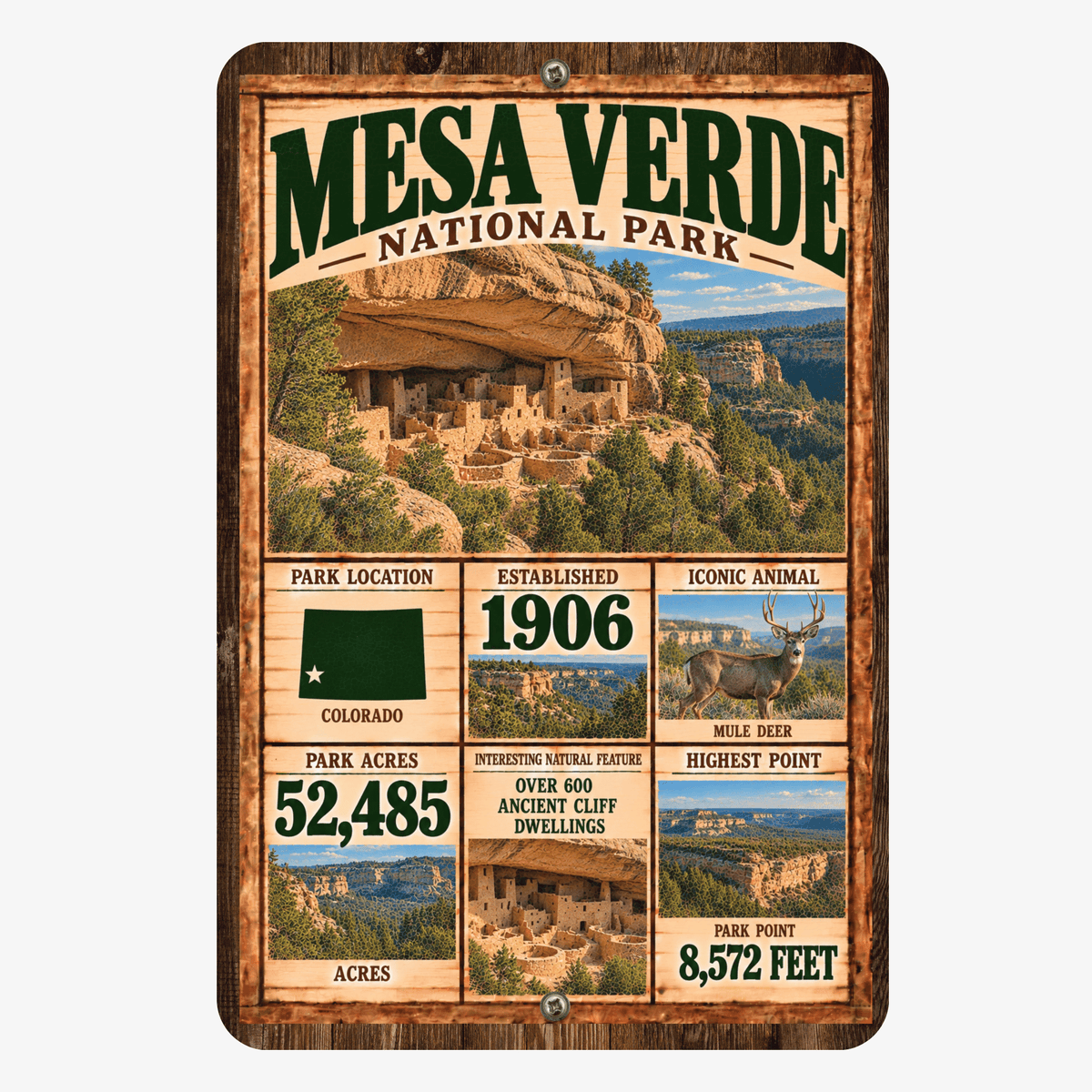 Mesa Verde National Park facts aluminum sign with vintage Colorado cliff dwelling artwork
