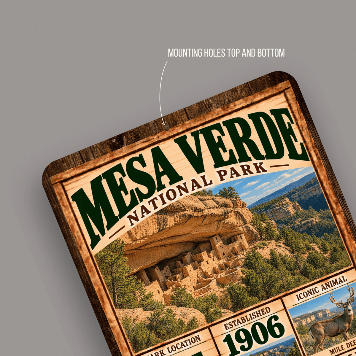 Mesa Verde National Park aluminum sign showing rounded corners and mounting holes