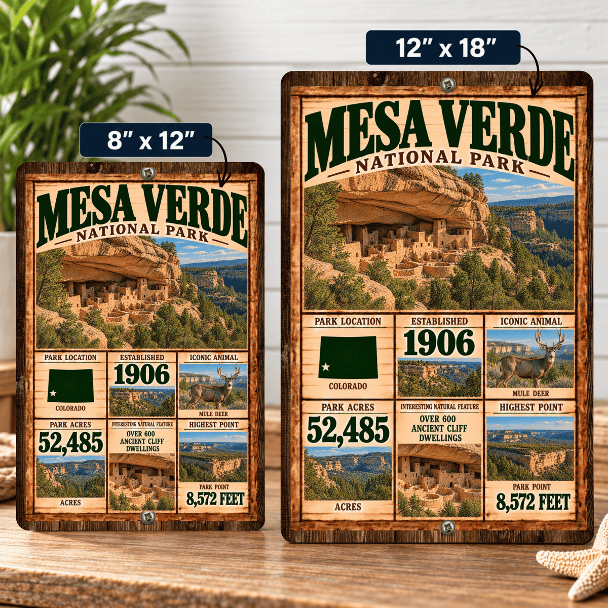 Mesa Verde National Park facts sign shown in 8 by 12 and 12 by 18 inch sizes