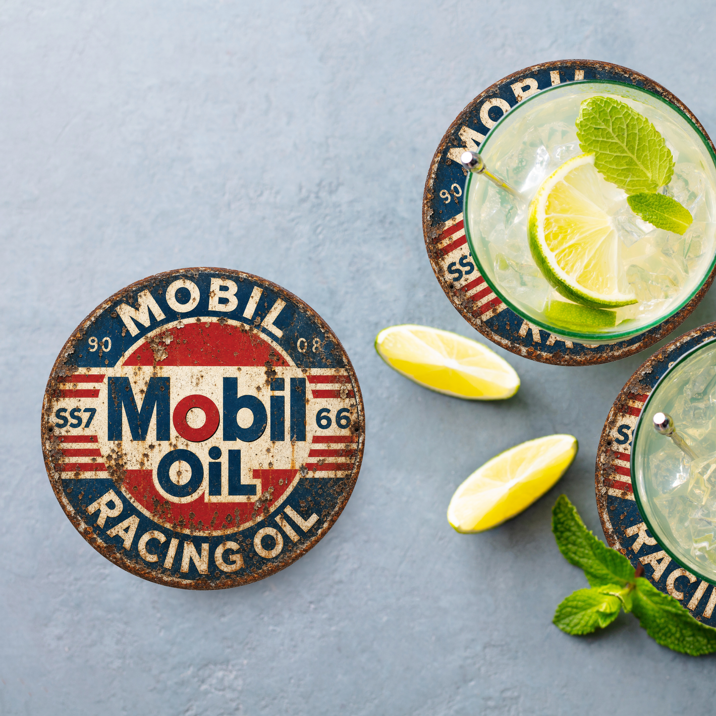 Vintage Mobil Oil Racing Ceramic Coaster – 4-Inch Round