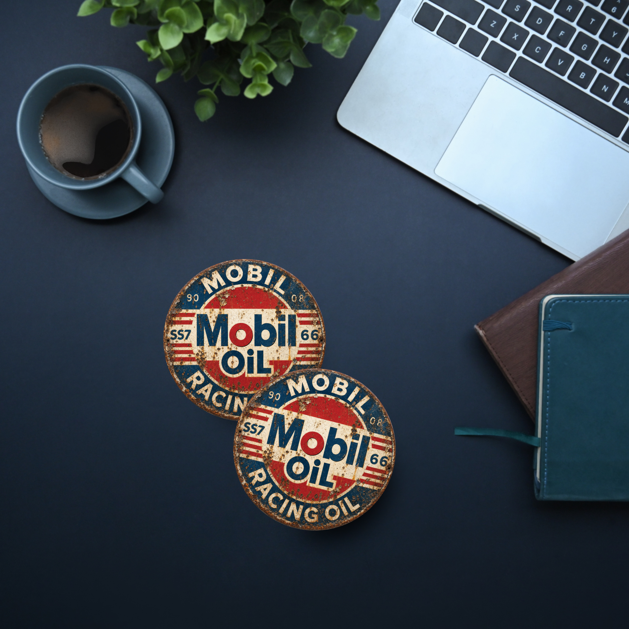 Vintage Mobil Oil Racing Ceramic Coaster – 4-Inch Round