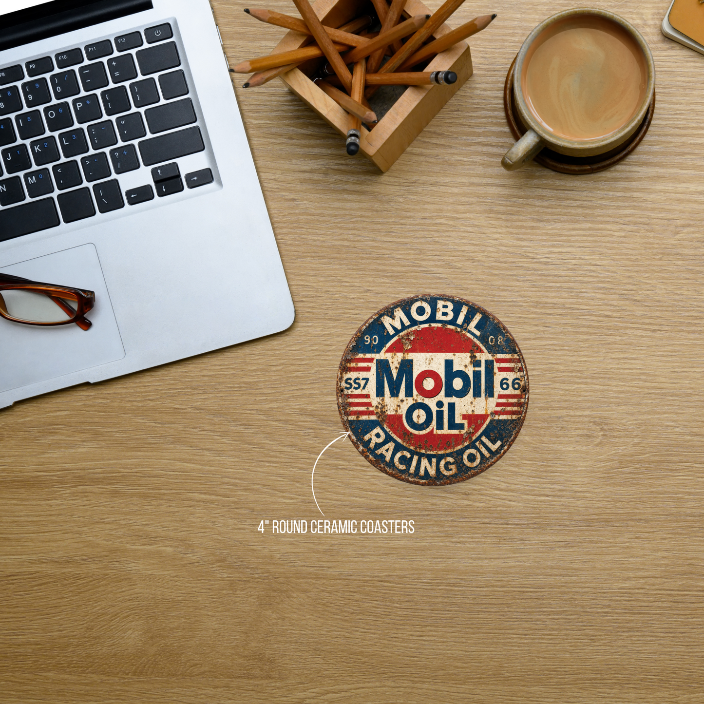 Vintage Mobil Oil Racing Ceramic Coaster – 4-Inch Round