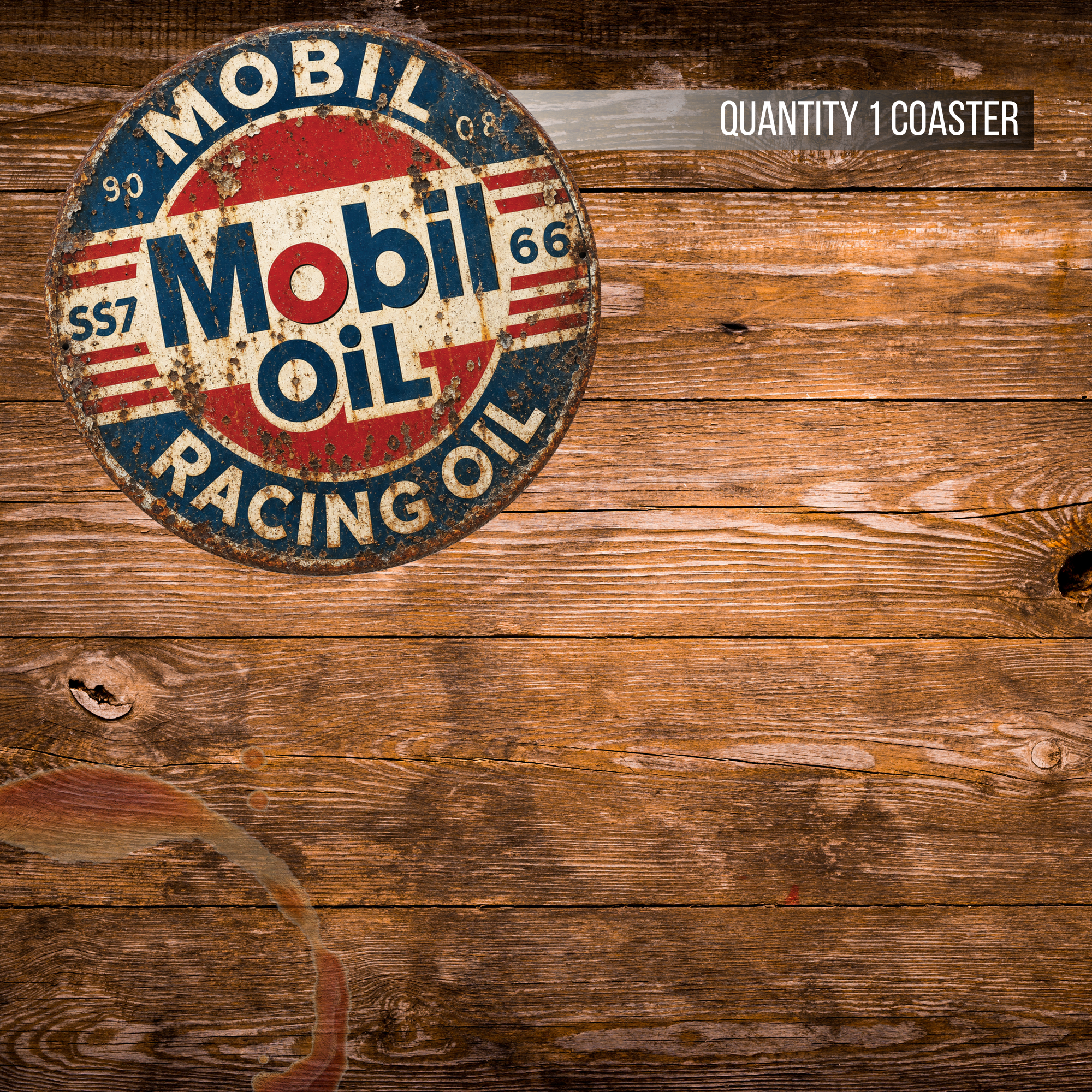 Vintage Mobil Oil Racing Ceramic Coaster – 4-Inch Round