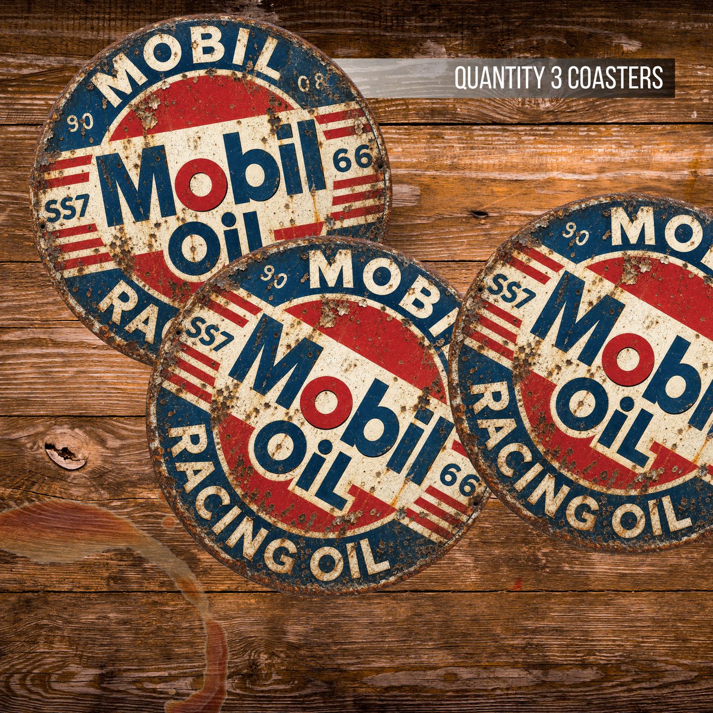 Vintage Mobil Oil Racing Ceramic Coaster – 4-Inch Round