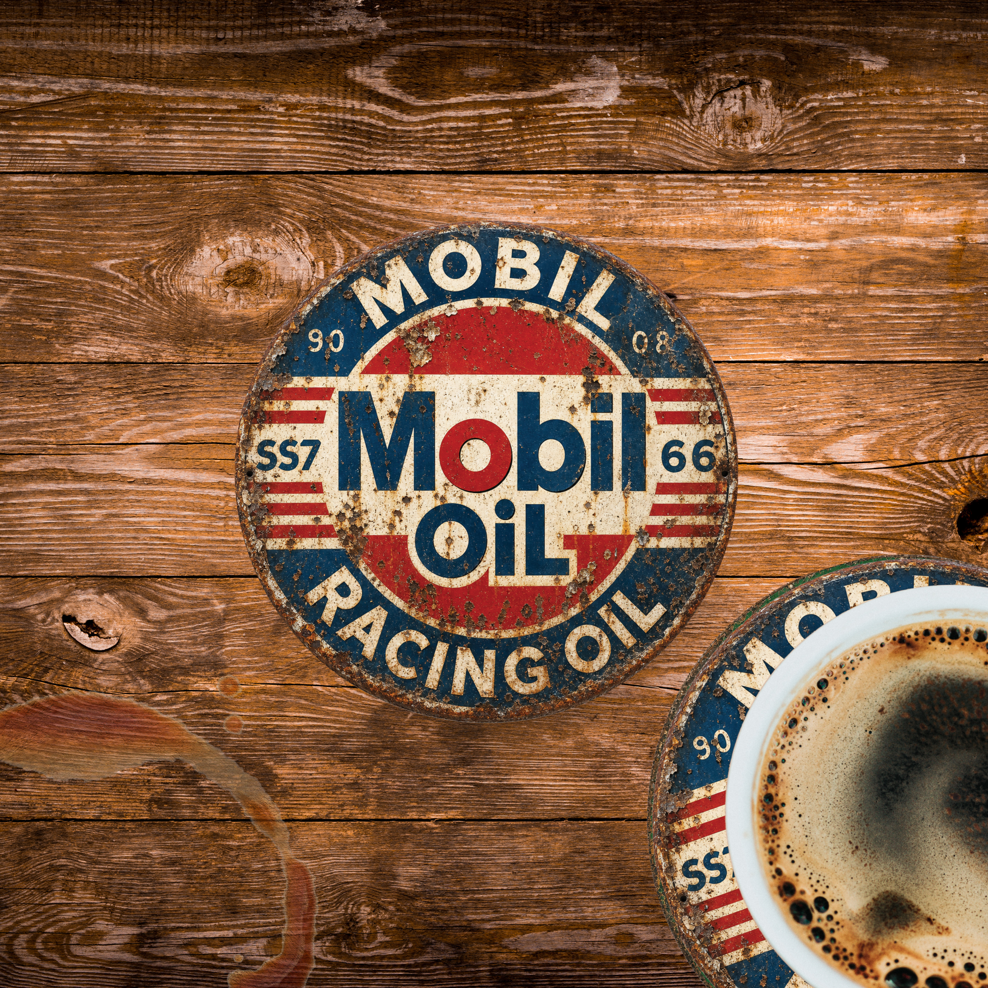 Vintage Mobil Oil Racing Ceramic Coaster – 4-Inch Round