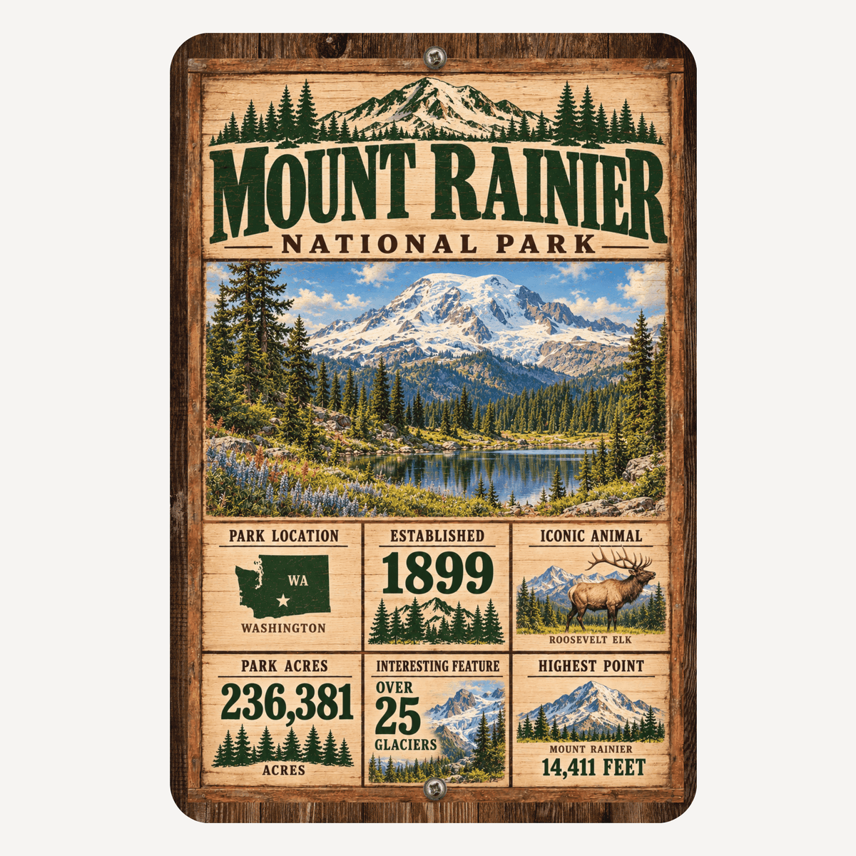 Mount Rainier National Park facts aluminum sign with vintage Washington mountain, lake, and wildflower artwork