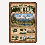 Mount Rainier National Park facts aluminum sign with vintage Washington mountain, lake, and wildflower artwork