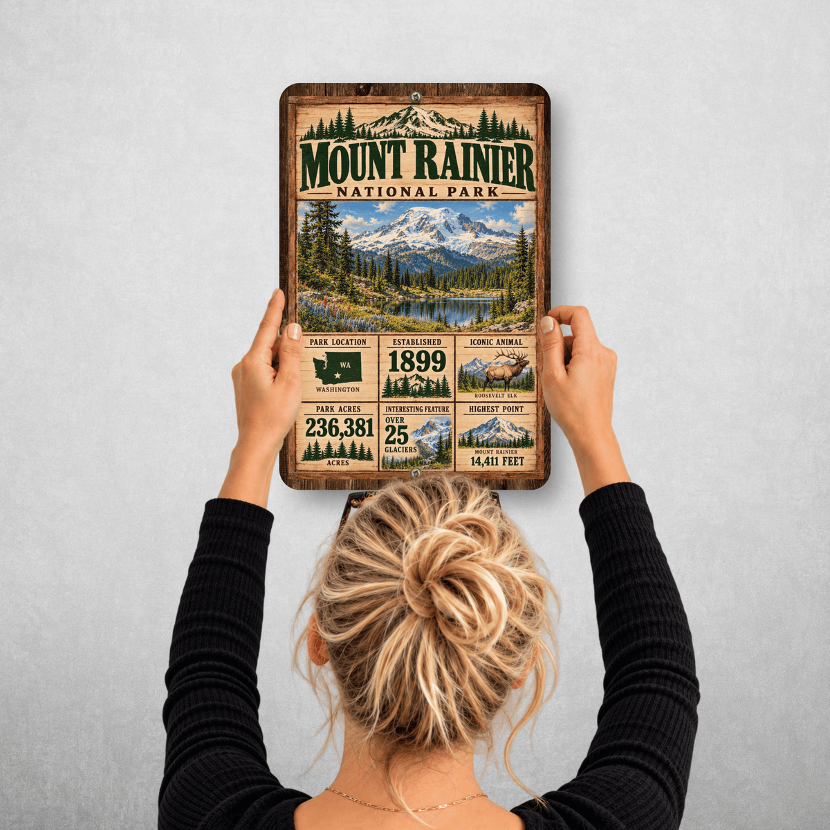 Mount Rainier National Park aluminum sign hanging on a wall