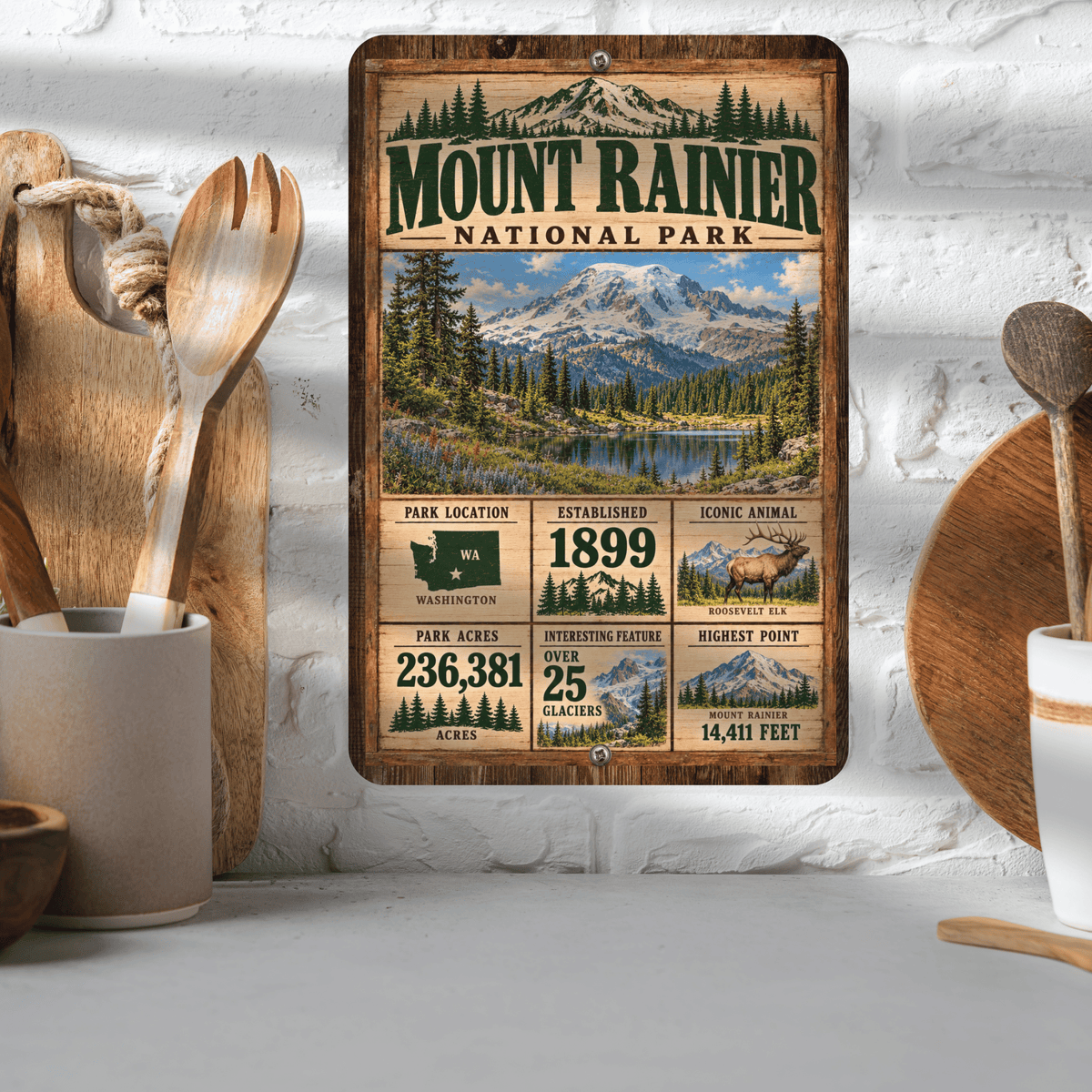 Mount Rainier National Park aluminum sign displayed in a kitchen