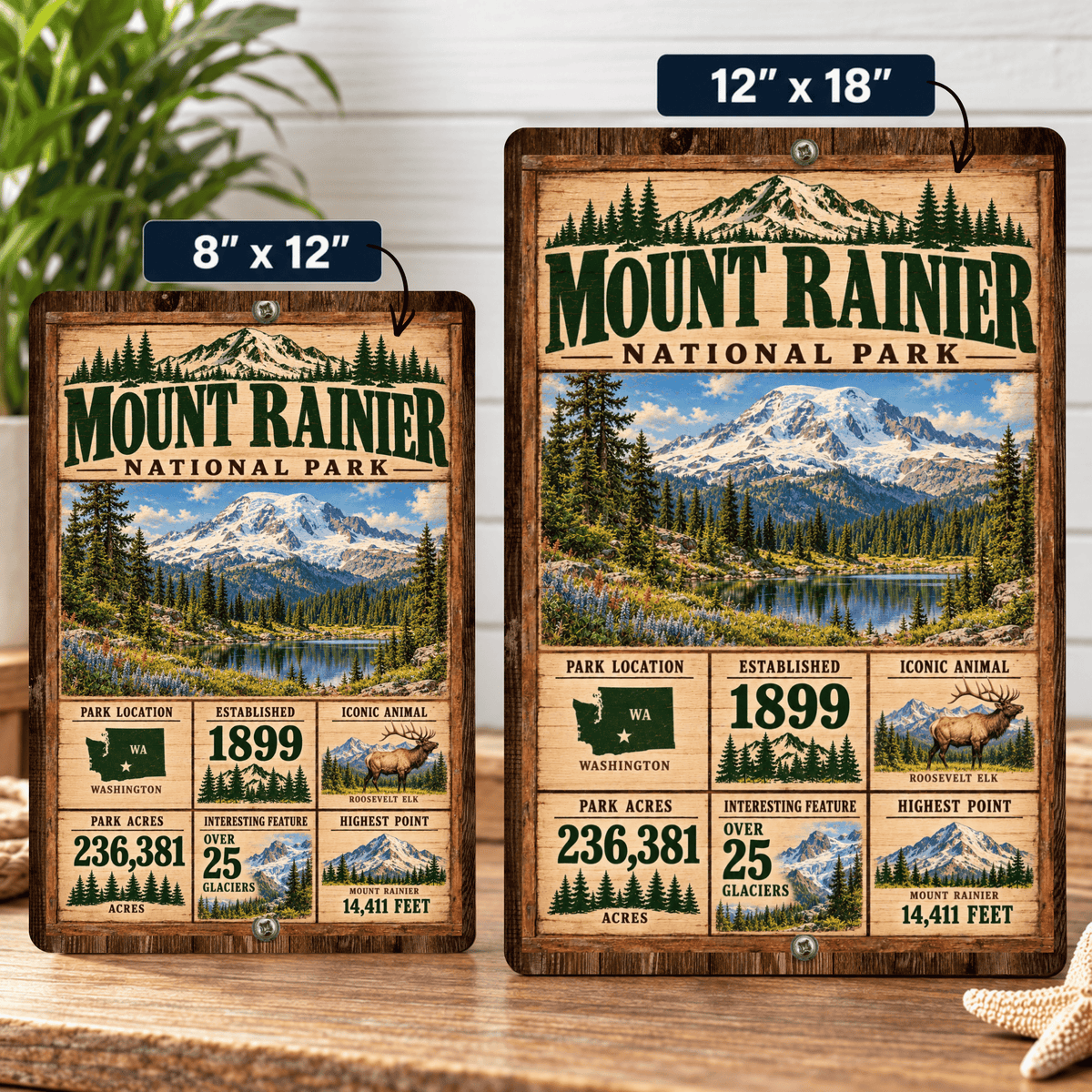 Mount Rainier National Park facts sign shown in 8 by 12 and 12 by 18 inch sizes