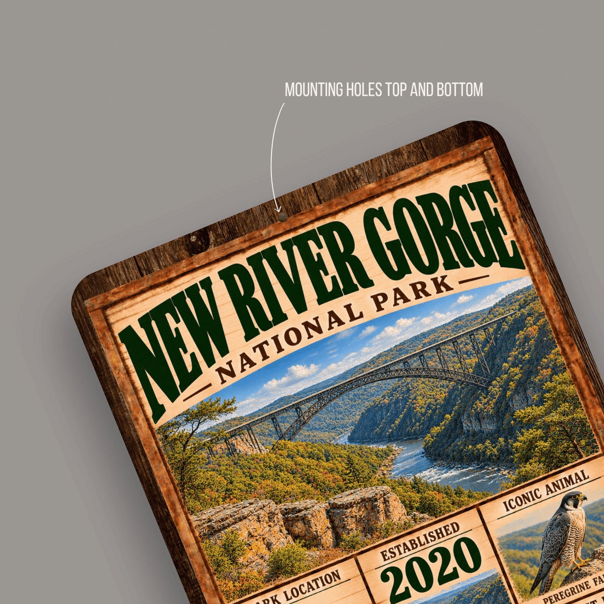 Close-up of rounded corners and predrilled mounting holes on the New River Gorge aluminum sign