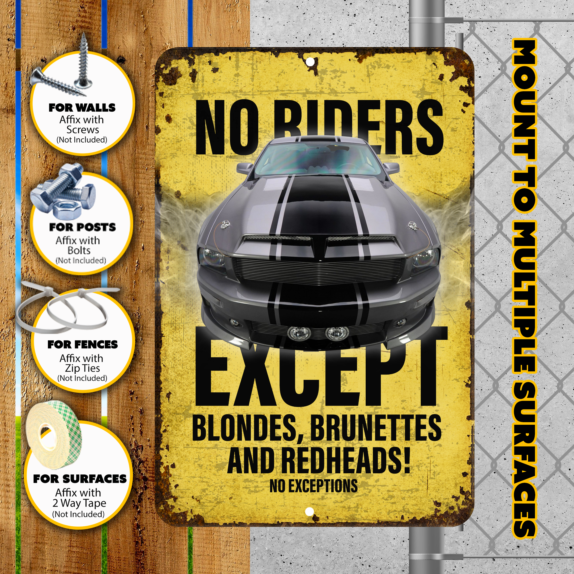 No Riders Except Blondes, Brunettes & Redheads Muscle Car Aluminum Sign