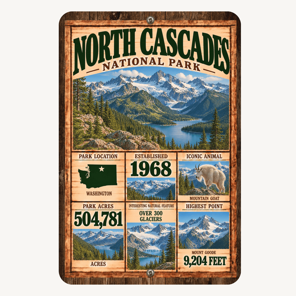 North Cascades National Park facts aluminum sign featuring glacier-covered peaks, alpine lake, Washington map, mountain goat, and park facts