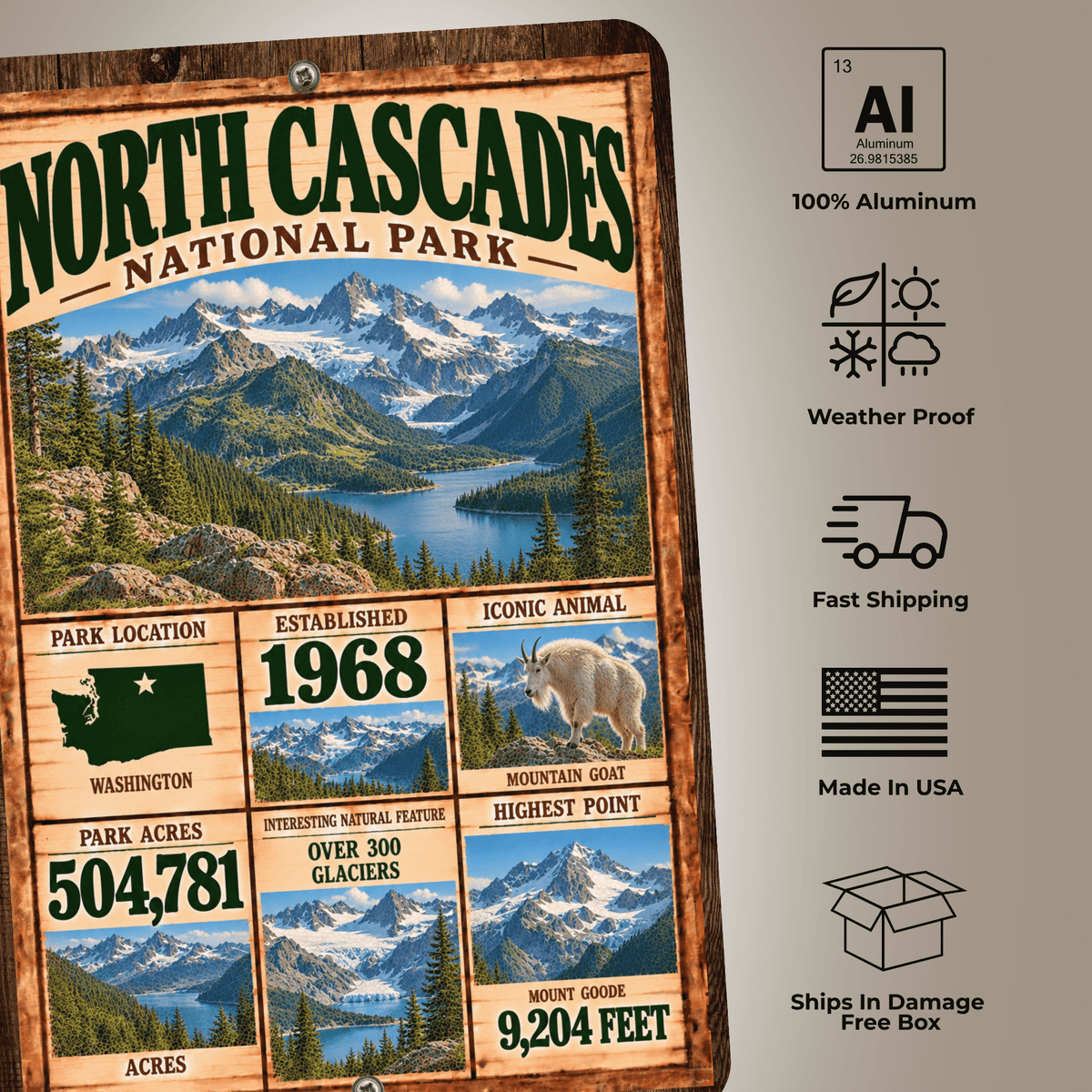 North Cascades aluminum sign product features including weatherproof construction and made in USA