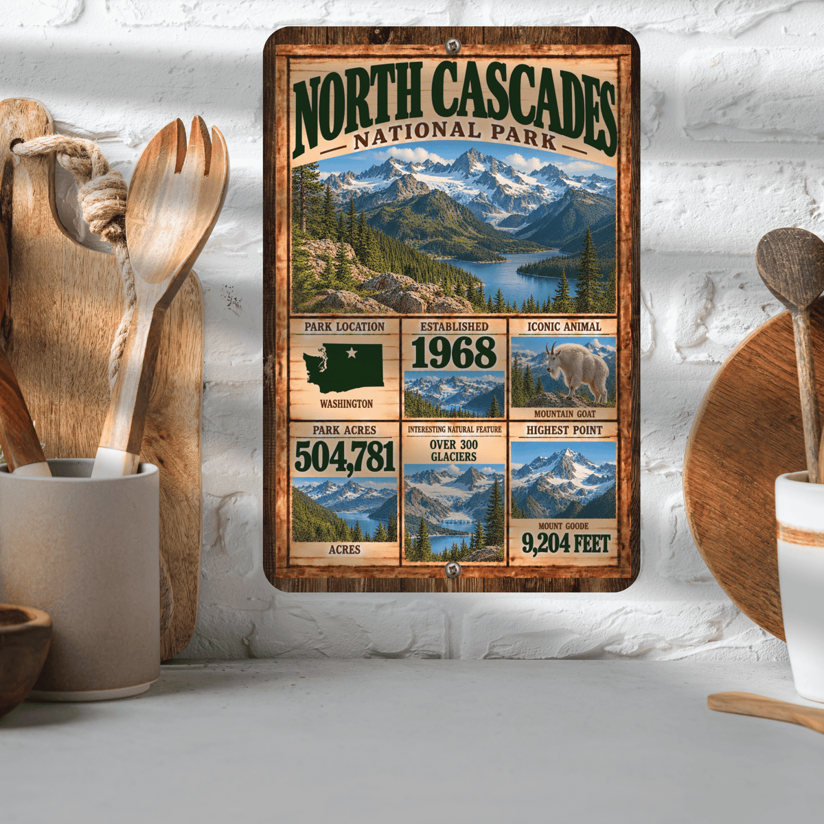 North Cascades National Park facts aluminum sign displayed in a kitchen