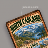 Close-up of rounded corners and predrilled mounting holes on the North Cascades aluminum sign