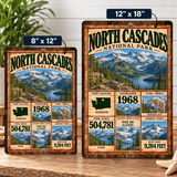 North Cascades National Park facts aluminum sign shown in 8 by 12 and 12 by 18 inch sizes