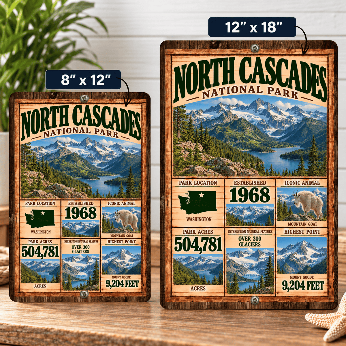 North Cascades National Park facts aluminum sign shown in 8 by 12 and 12 by 18 inch sizes