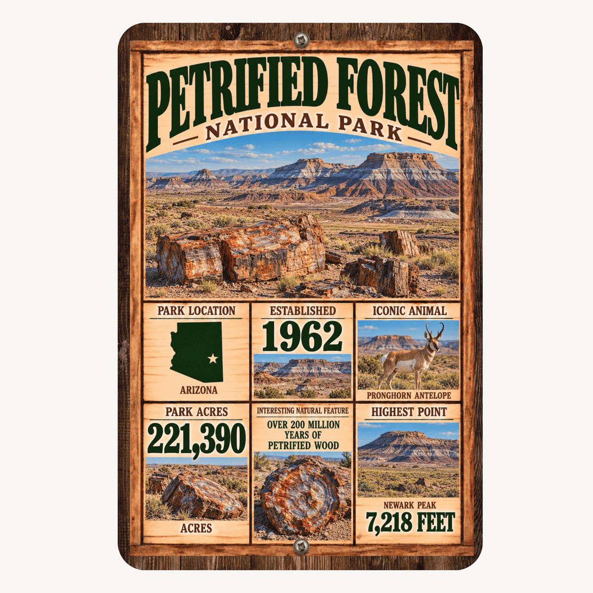 Petrified Forest National Park facts aluminum sign featuring petrified wood, Arizona badlands, pronghorn, and park facts