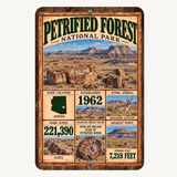 Petrified Forest National Park facts aluminum sign featuring petrified wood, Arizona badlands, pronghorn, and park facts