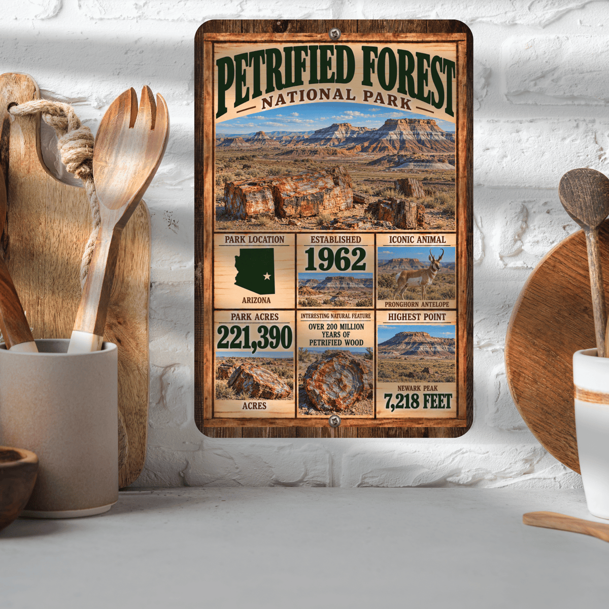 Petrified Forest National Park facts aluminum sign displayed in a kitchen