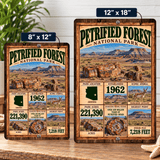 Petrified Forest National Park facts aluminum sign shown in 8 by 12 and 12 by 18 inch sizes