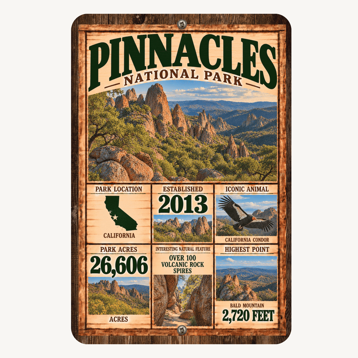 Pinnacles National Park facts aluminum sign featuring volcanic rock spires, California map, California condor, and park facts