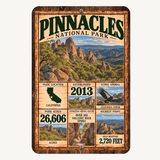 Pinnacles National Park facts aluminum sign featuring volcanic rock spires, California map, California condor, and park facts