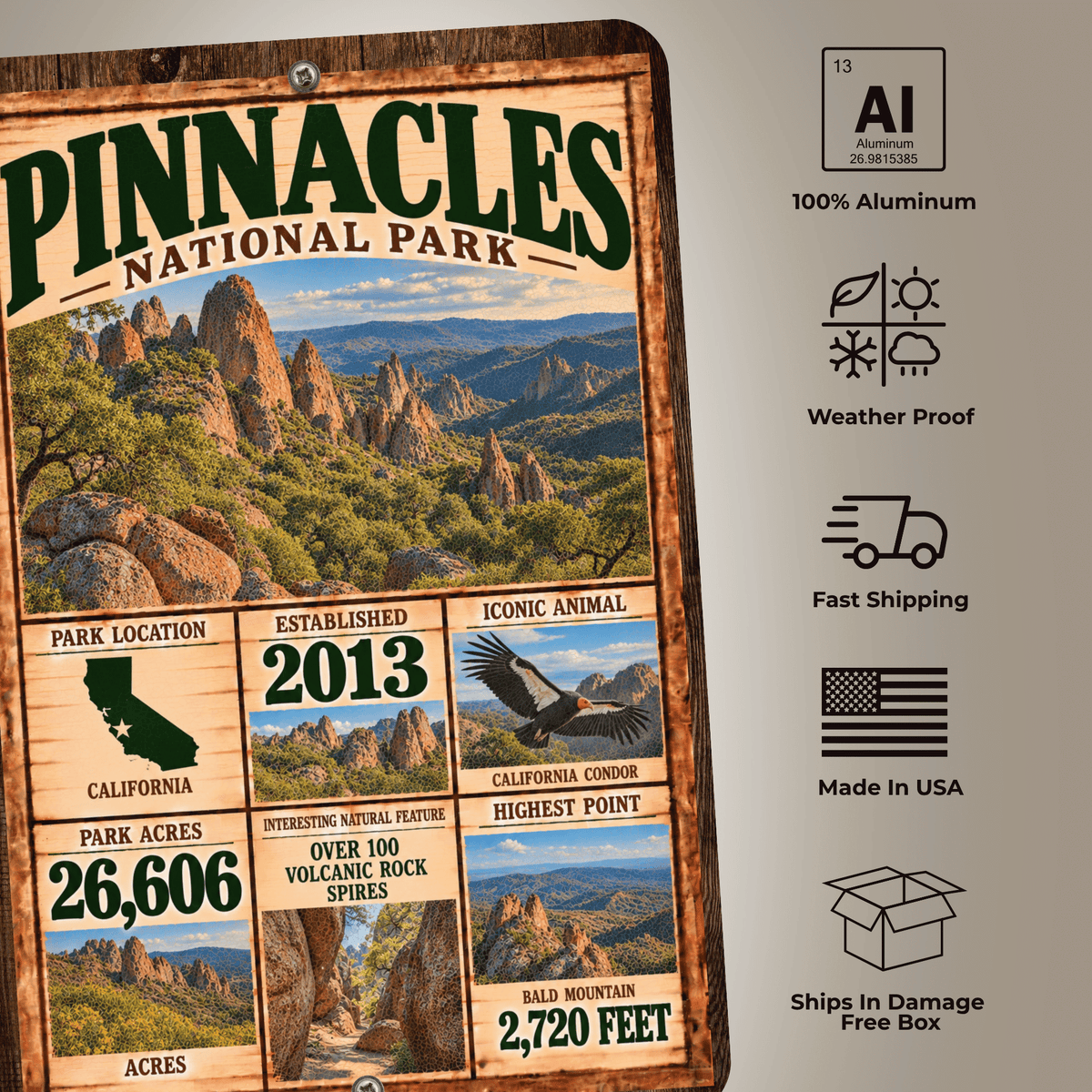 Pinnacles aluminum sign product features including weatherproof construction and made in USA