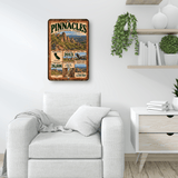 Pinnacles National Park facts aluminum sign displayed above a living room sofa