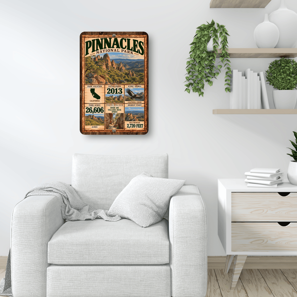 Pinnacles National Park facts aluminum sign displayed above a living room sofa