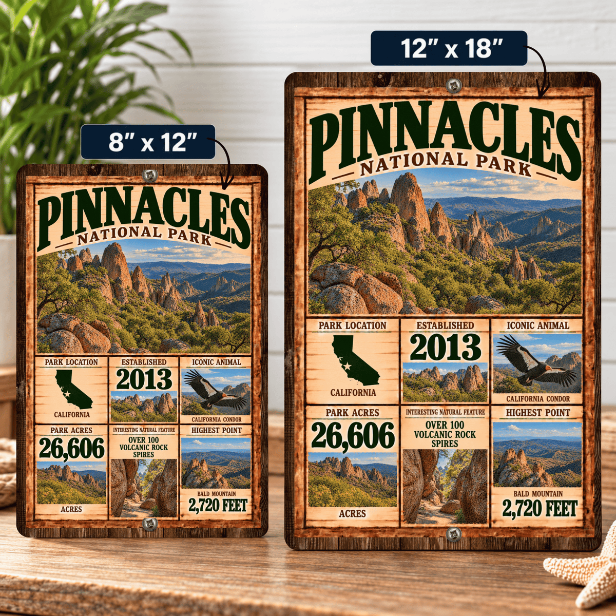 Pinnacles National Park facts aluminum sign shown in 8 by 12 and 12 by 18 inch sizes