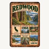 Redwood National Park facts aluminum sign featuring towering redwoods, river scenery, California map, Roosevelt elk, and park facts