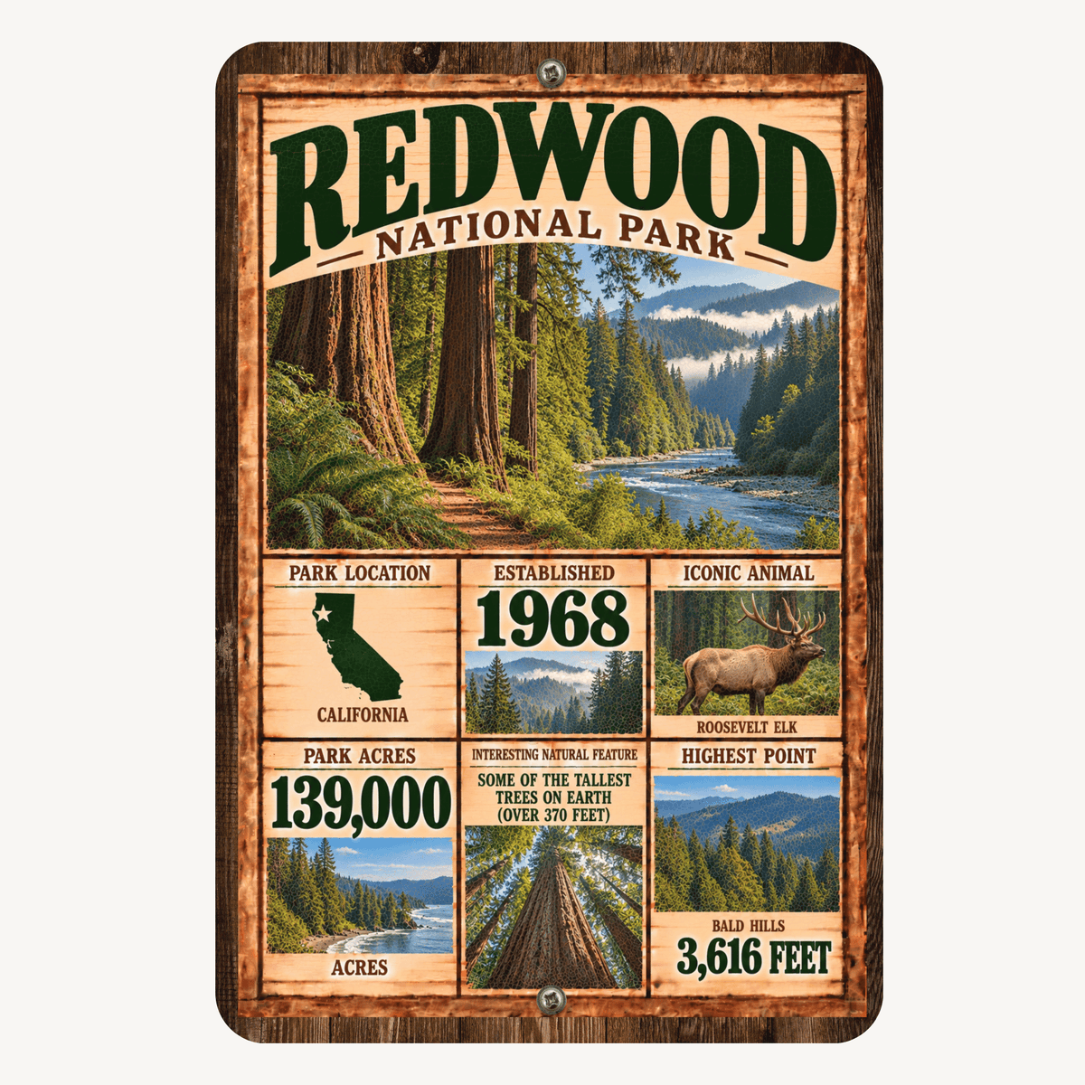 Redwood National Park facts aluminum sign featuring towering redwoods, river scenery, California map, Roosevelt elk, and park facts
