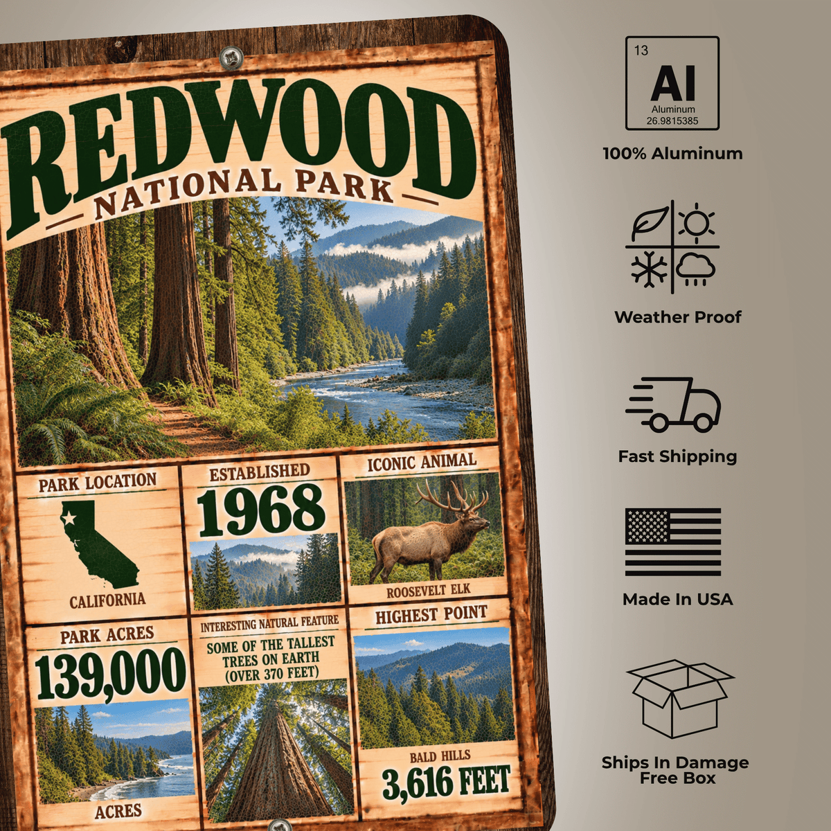 Redwood aluminum sign product features including weatherproof construction and made in USA