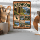 Redwood National Park facts aluminum sign displayed in a kitchen