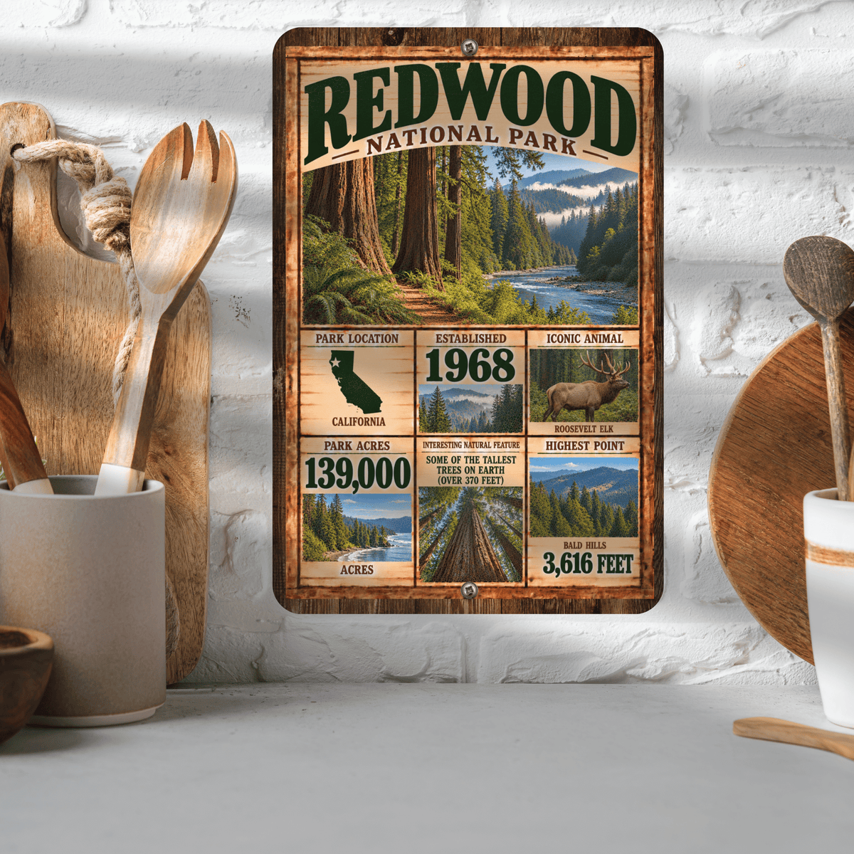 Redwood National Park facts aluminum sign displayed in a kitchen