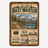 Rocky Mountain National Park facts aluminum sign with alpine lake, mountain scenery and elk