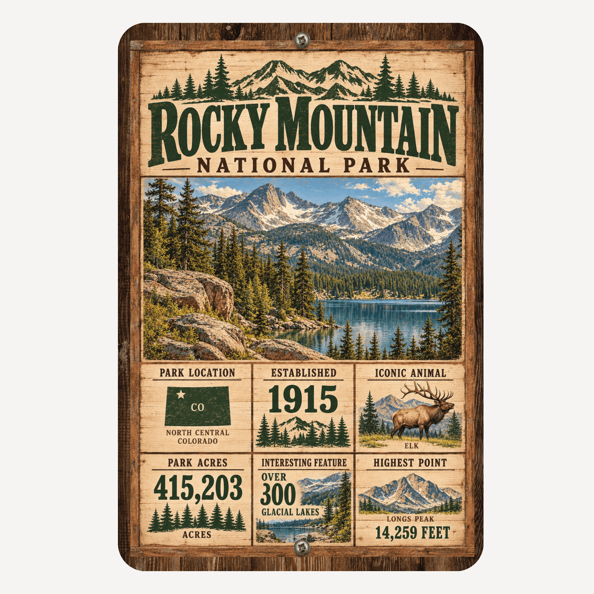 Rocky Mountain National Park facts aluminum sign with alpine lake, mountain scenery and elk