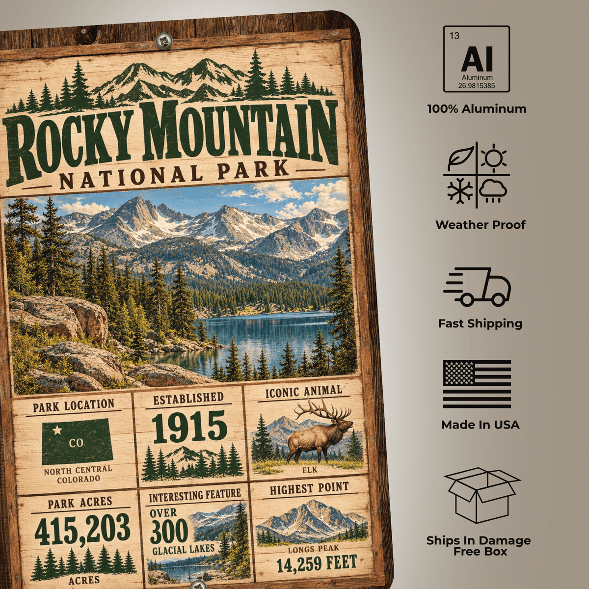 Rocky Mountain National Park sign features including aluminum, weather resistance and made in USA
