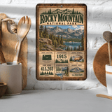 Rocky Mountain National Park facts aluminum sign displayed in a kitchen