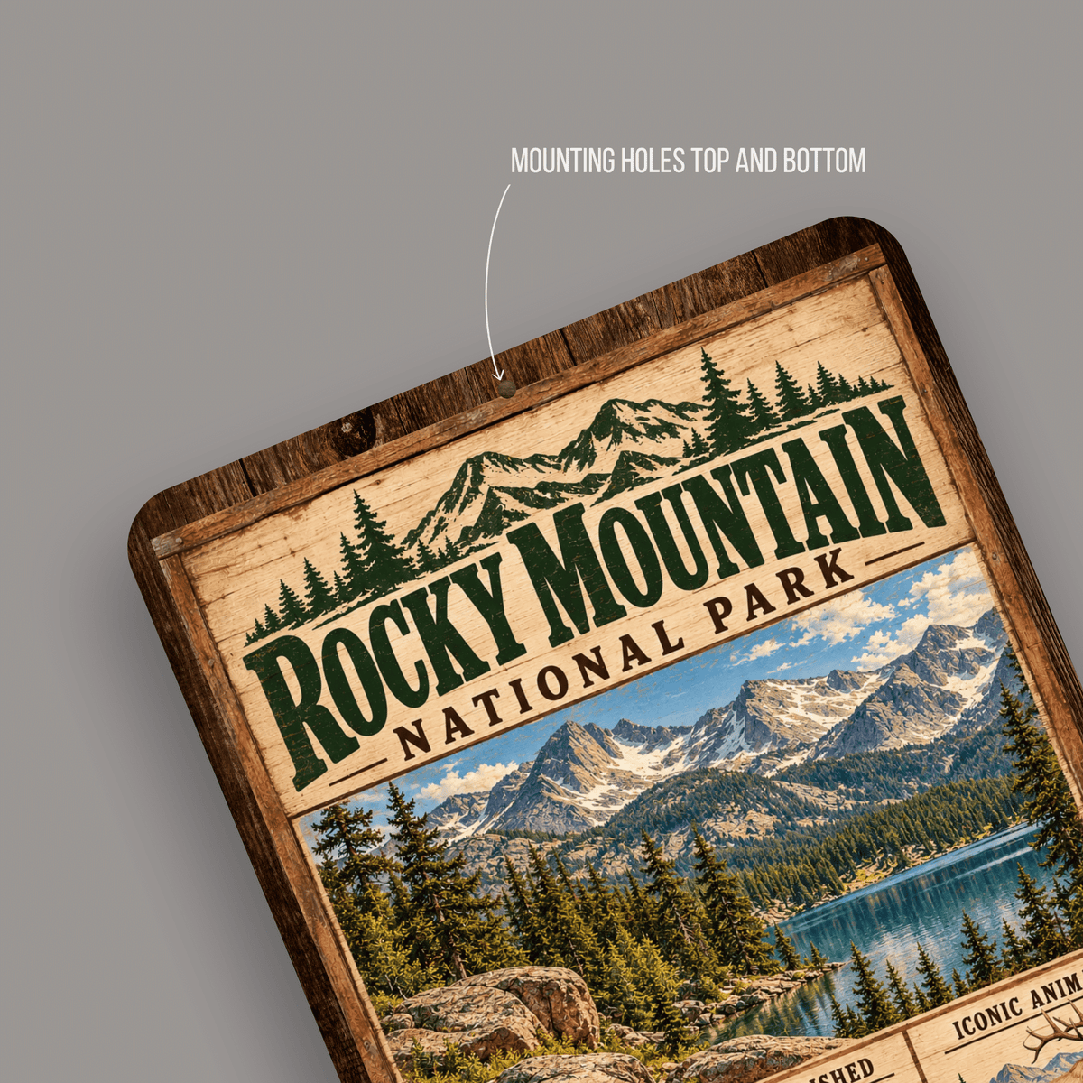 Close-up of rounded corners and predrilled mounting holes on Rocky Mountain National Park sign