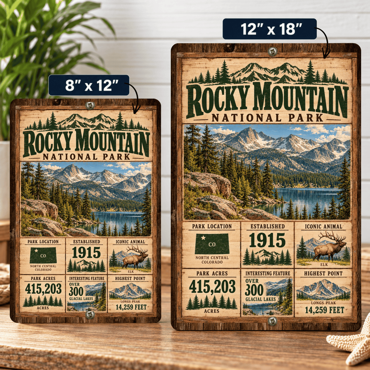 Rocky Mountain National Park facts sign shown in 8 by 12 and 12 by 18 inch sizes