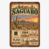Saguaro National Park facts aluminum sign with desert sunset, saguaro cacti and greater roadrunner