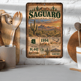 Saguaro National Park facts aluminum sign displayed in a kitchen